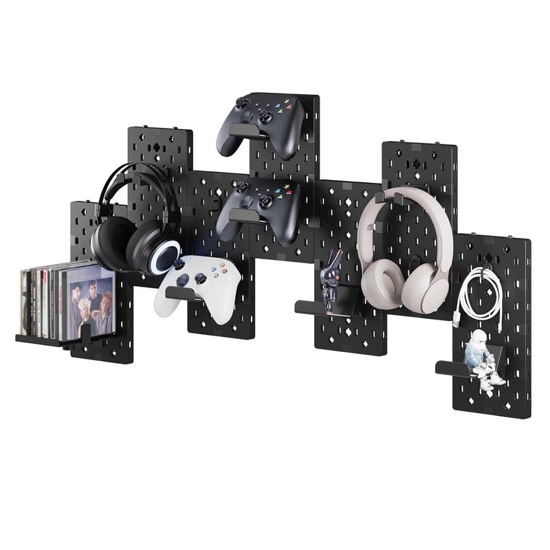 PEGZONE Controller and Headphone Holder Wall Mount, Modular Gaming Pegboard with Accessories, Controller Stand for Xbox PS5 PS4 Switch, Video Game Storage, Disc Shelf Organizer, 7pcs Pegboard, Black - Image 1